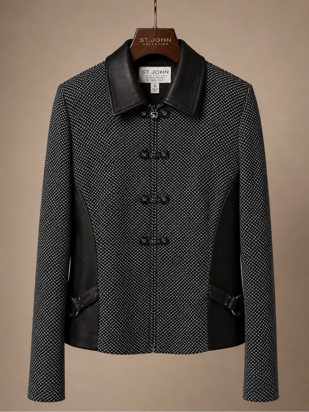 St. John Collection by Marie Gray Black White Tweed Leather Trim Jacket 12